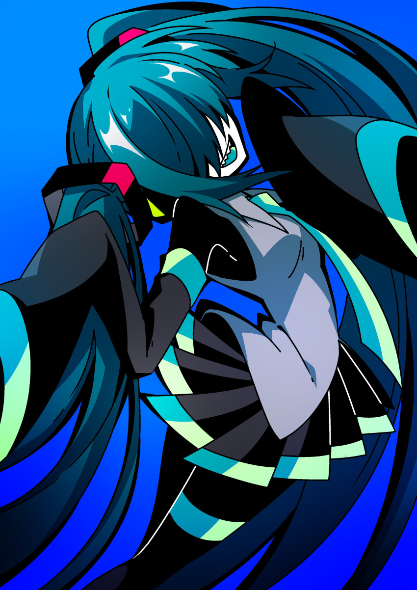0tya00ml 1girl absurdres aqua_tongue black_skirt black_sleeves blue_background blue_hair breasts collared_shirt colored_skin covered_eyes cowboy_shot detached_sleeves grey_shirt hair_ornament hair_over_eyes hands_up hatsune_miku highres long_bangs long_hair long_sleeves mekakure_miku_(homma_nuruneko) miniskirt necktie open_mouth pleated_skirt sharp_teeth shirt simple_background skirt sleeveless sleeveless_shirt sleeves_past_fingers sleeves_past_wrists small_breasts smile solo standing teeth twintails very_long_hair vocaloid white_skin