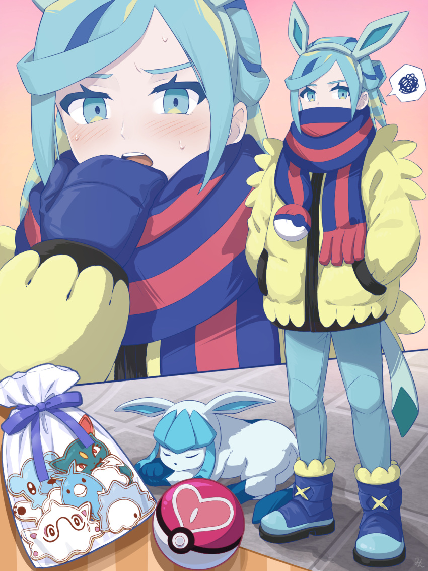 1boy blue_footwear blue_mittens blue_scarf blush boots cetoddle commentary_request cubchoo glaceon grusha_(pokemon) hairband hand_up hands_in_pockets highres jacket long_sleeves love_ball male_focus min_(myna8247) mittens multiple_views open_mouth pants poke_ball poke_ball_print pokemon pokemon_(creature) pokemon_ears pokemon_sv scarf scarf_over_mouth sneasel snom spoken_squiggle squiggle standing striped_clothes striped_scarf swablu sweat teeth upper_teeth_only yellow_jacket