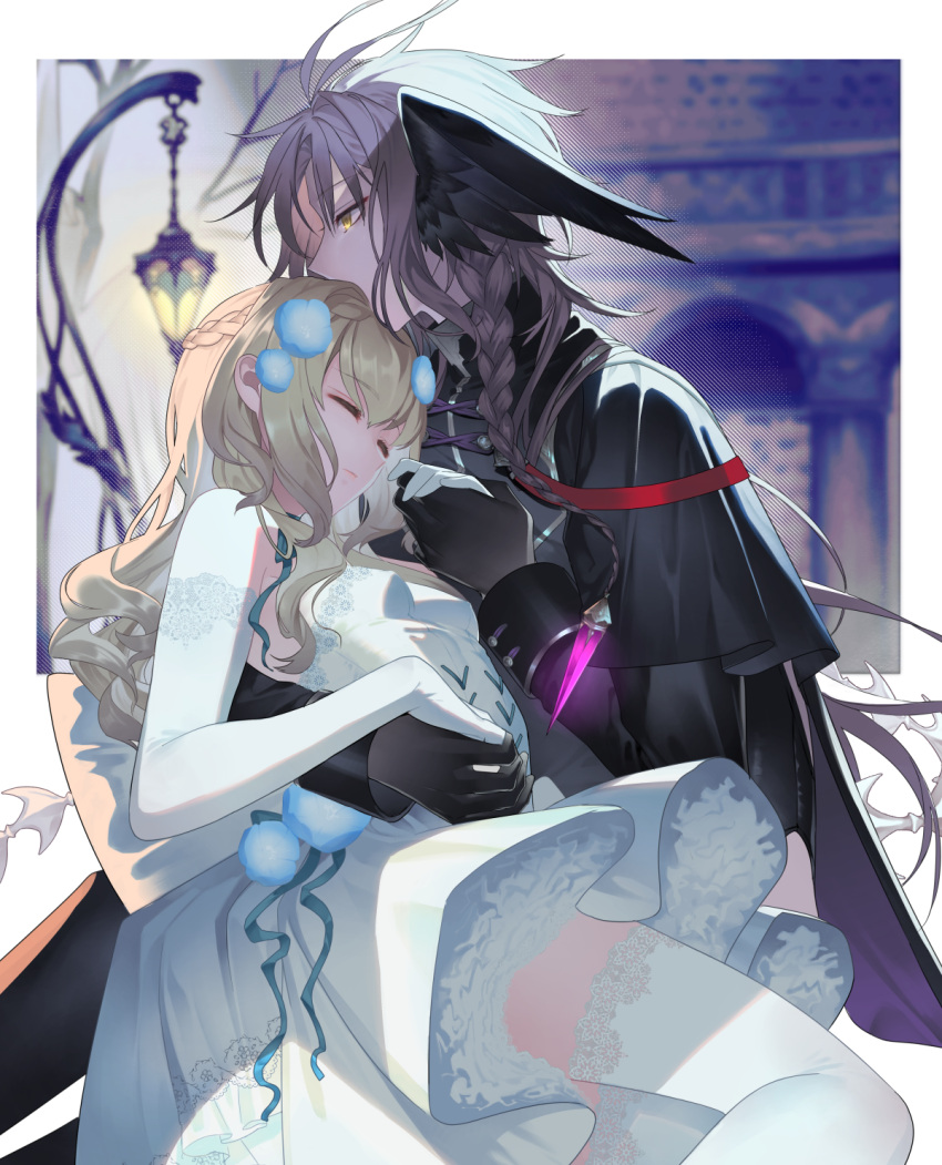 1boy 1girl blonde_hair commentary_request cover_image dress elbow_gloves gloves highres holding_hands indoors kissing_hair long_hair monster_boy original teikano101 textless_version thigh-highs unconscious white_dress white_gloves white_thighhighs yellow_eyes