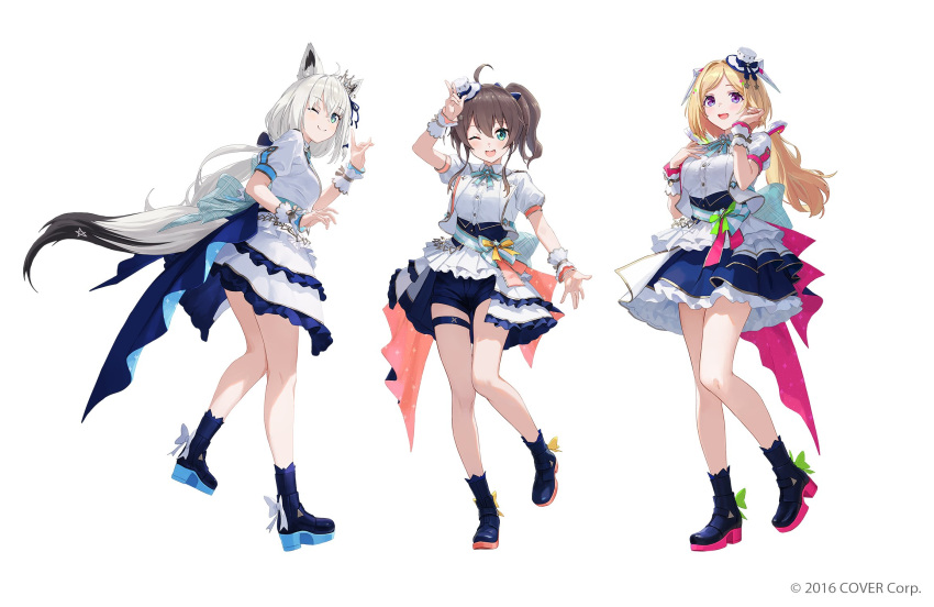 3girls :d ahoge aki_rosenthal animal_ears ankle_boots aqua_bow aqua_bowtie aqua_brooch aqua_eyes aqua_gemstone aqua_sash aqua_skirt back_bow blonde_hair blue_bow blue_corset blue_footwear blue_ribbon blue_shorts blue_skirt blush boots bow bowtie brown_hair closed_mouth collared_jacket commentary_request company_name copyright_notice corset cropped_jacket crossed_bangs detached_hair dot_nose dress_shirt eyelashes footwear_bow fox_ears fox_girl fox_shadow_puppet fox_tail frilled_skirt frills from_side gold_ribbon green_bow grey_hair hair_between_eyes hair_bow hair_flip hair_ribbon hand_on_own_chest hand_up hands_up hat hat_bow headgear high_heel_boots high_heels highres hololive hololive_idol_uniform_(bright) idol idol_clothes jacket large_bow layered_skirt long_hair looking_ahead looking_at_viewer looking_to_the_side low_ponytail low_twintails matsuo_shogo mini_hat mini_tiara miniskirt multiple_girls natsuiro_matsuri official_alternate_costume official_art one_eye_closed open_clothes open_jacket open_mouth orange_ribbon orange_skirt overskirt parted_bangs pentagram pink_ribbon pink_skirt plaid plaid_bow puffy_short_sleeves puffy_sleeves ribbon sash shirakami_fubuki shirt short_shorts short_sleeves shorts showgirl_skirt side_ponytail simple_background skirt smile sparkle_print standing standing_on_one_leg striped_bow striped_sash swept_bangs tail thigh_strap thighs top_hat twintails two-sided_fabric two-sided_skirt underbust v v_over_head violet_eyes virtual_youtuber waist_bow white_background white_bow white_headwear white_jacket white_sash white_shirt white_skirt white_wrist_cuffs wrist_cuffs wrist_ribbon wristband yellow_bow