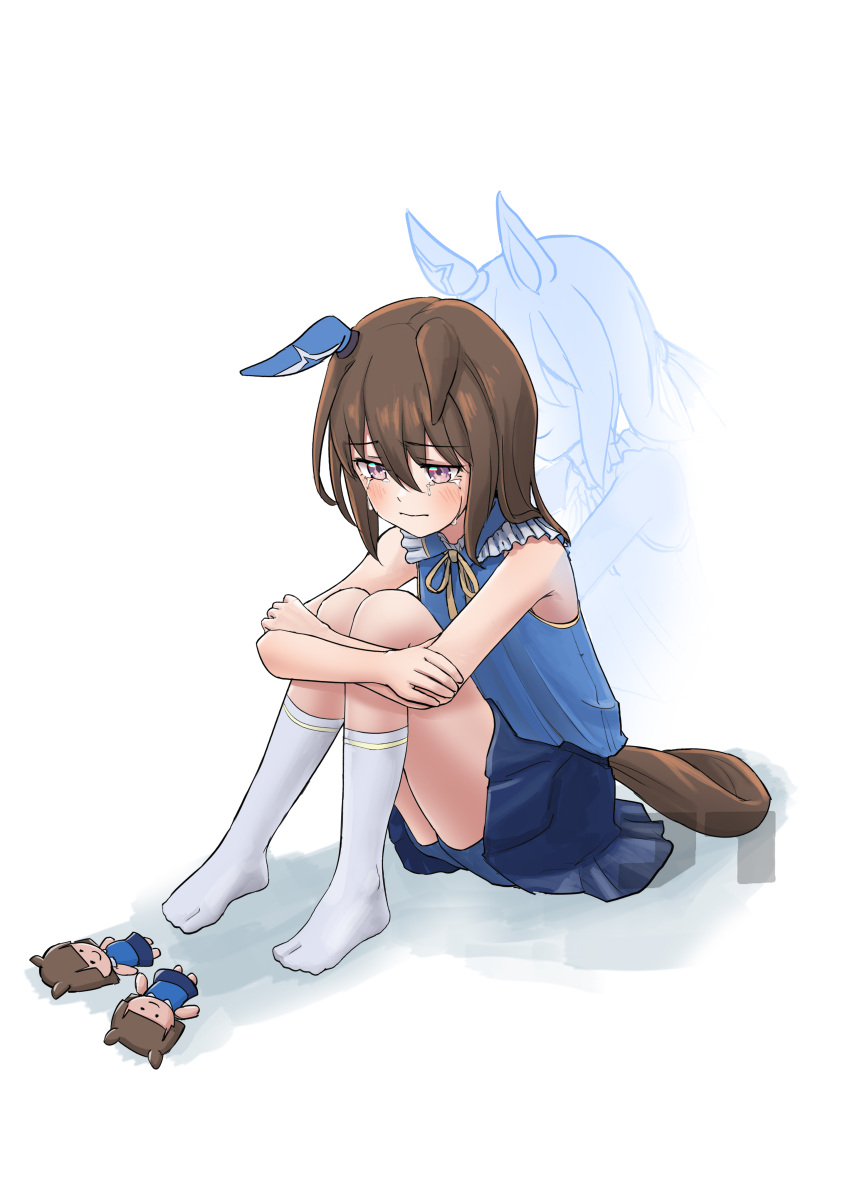 1girl absurdres admire_vega's_twin_sister_(umamusume) admire_vega_(umamusume) animal_ears artist_logo blue_shirt blue_shorts blue_skirt brown_hair character_doll closed_mouth collar collared_shirt crying crying_with_eyes_open earrings ears_down frilled_collar frills frown ghost highres horse_ears horse_girl horse_tail hug hug_from_behind hugging_own_legs jewelry jtleeklm medium_hair miniskirt no_shoes sad shadow shirt shorts shorts_under_skirt simple_background single_earring sitting skirt sleeveless sleeveless_shirt socks solo tail tears umamusume violet_eyes white_background white_socks
