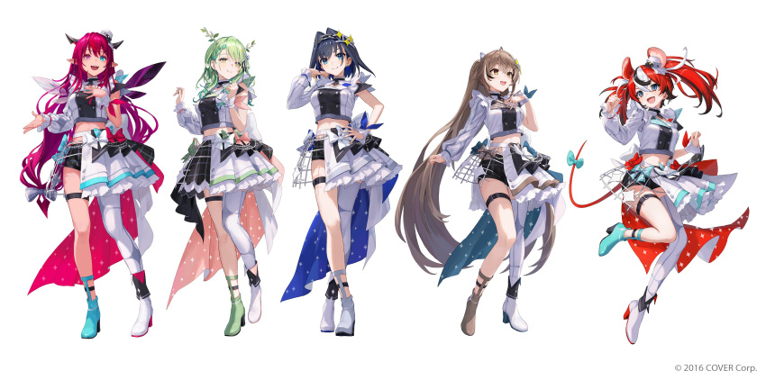 5girls absurdres animal_ear_fluff antlers black_hair blue_eyes blue_hair brown_hair ceres_fauna deer_antlers grey_hair hakos_baelz highres hololive hololive_english hololive_idol_uniform_(bright) horns irys_(hololive) irys_(irys_2.0)_(hololive) matsuo_shogo midriff mouse_girl mouse_tail multicolored_hair multiple_girls nanashi_mumei official_alternate_costume official_art ouro_kronii ponytail purple_hair redhead sharp_teeth simple_background streaked_hair tail teeth twintails two-tone_hair virtual_youtuber white_hair yellow_eyes