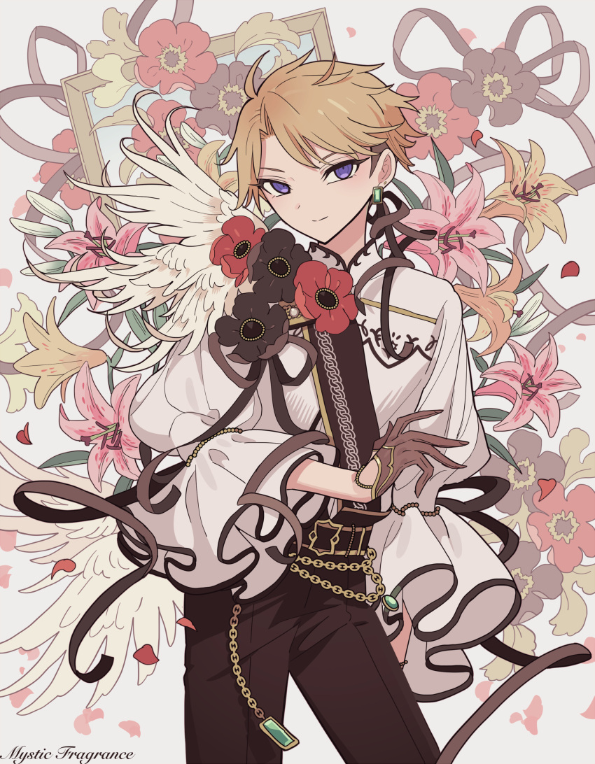 1boy absurdres bishounen black_flower blonde_hair brown_gloves brown_pants chain closed_mouth cowboy_shot earrings ensemble_stars! feathered_wings floral_background flower frilled_sleeves frills gloves half_gloves highres jewelry lily_(flower) long_sleeves looking_at_viewer male_focus meremero narukami_arashi pants picture_frame pink_flower poppy_(flower) puffy_long_sleeves puffy_sleeves red_flower shirt smile solo standing violet_eyes white_shirt white_wings wings yellow_flower