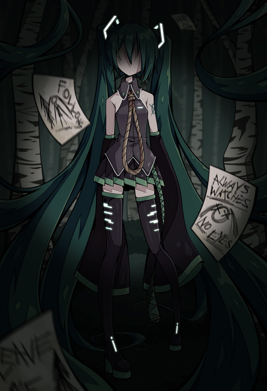 1girl aqua_footwear aqua_hair black_skirt black_sleeves black_thighhighs blurry blurry_foreground colored_skin cosplay creepypasta detached_sleeves faceless forest grey_shirt hatsune_miku highres horror_(theme) long_hair long_sleeves motion_blur nature necktie no_mouth no_nose noose paper pov shirt shoulder_tattoo sidelocks skirt slender_man slender_man_(cosplay) slys_(jesterdysphoria) solo tattoo thigh-highs twintails very_long_hair very_long_sleeves vignetting vocaloid white_skin wide_sleeves