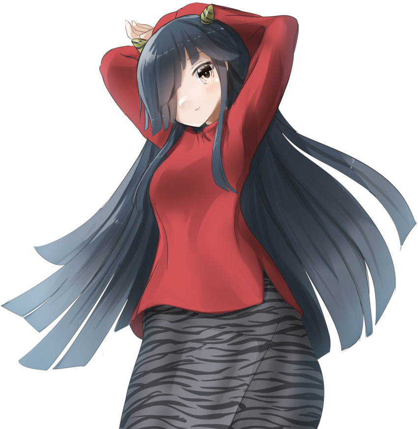 1girl animal_print arms_behind_head black_hair black_skirt cone_horns cowboy_shot dated feet_out_of_frame hair_over_one_eye hand_on_own_hip hayashimo_(kancolle) highres horns kantai_collection long_hair long_shirt looking_at_viewer official_alternate_costume one-hour_drawing_challenge red_eyes red_shirt redundant-cat shirt simple_background skirt solo tiger_print twitter_username white_background