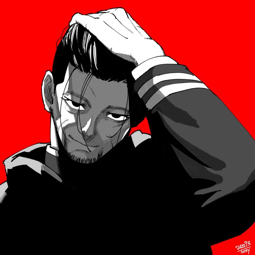 1boy closed_mouth dated facial_hair goatee golden_kamuy greyscale hair_slicked_back hand_on_own_head highres long_sleeves looking_at_viewer male_focus mature_male monochrome ogata_hyakunosuke red_background scar scar_on_cheek scar_on_face signature simple_background solo tocky undercut upper_body