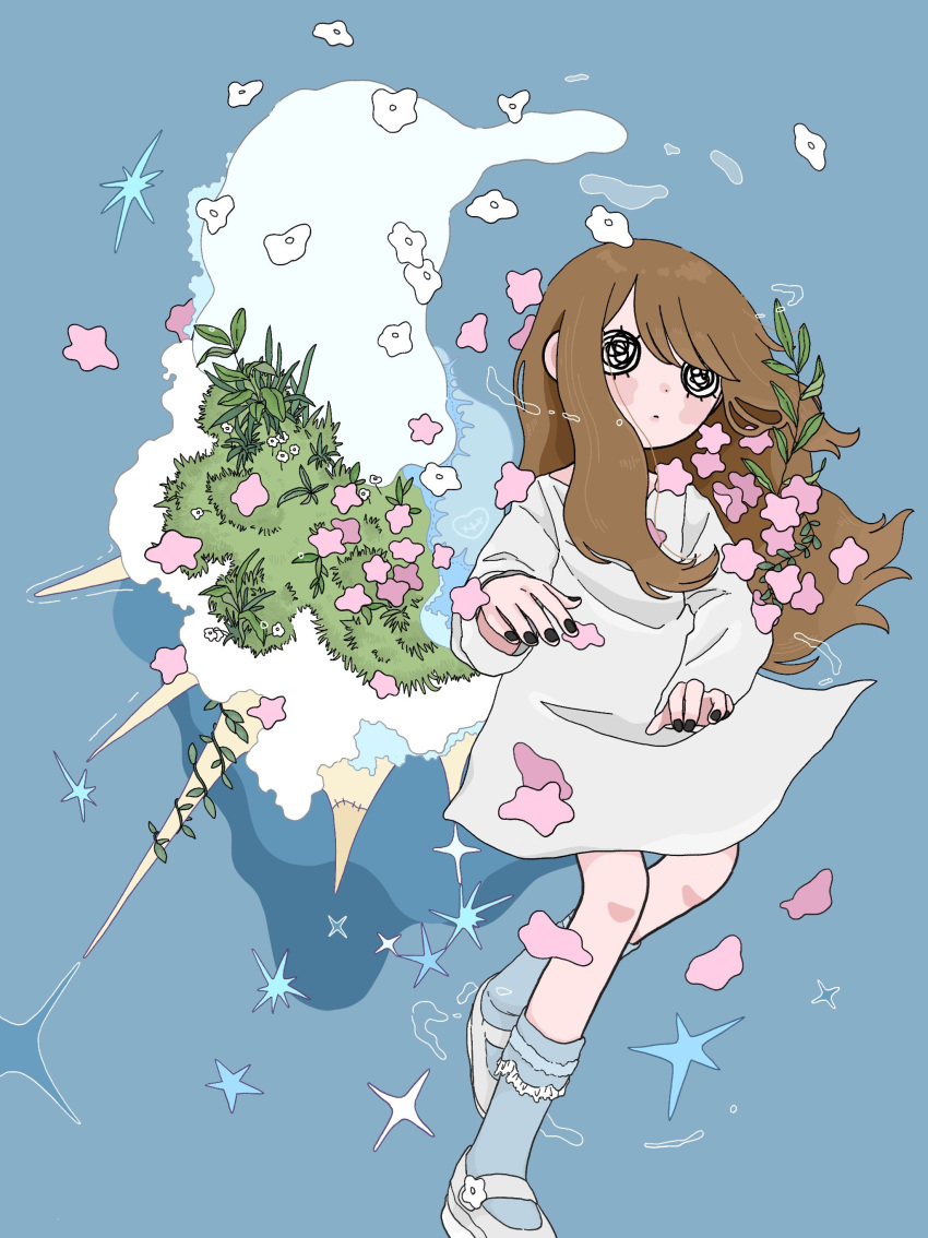 1girl absurdres black_nails blue_background blue_socks brown_hair closed_mouth clouds expressionless flower footwear_flower grass highres long_hair meitooso o_o original pink_flower sandals shirt sidelocks simple_background socks solo sparkle star_(symbol) white_flower white_footwear white_shirt wind