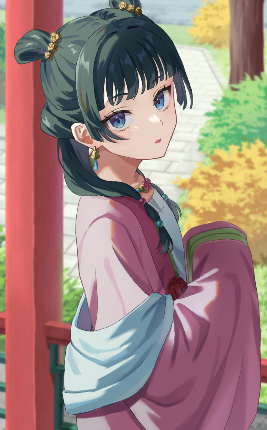 1girl beads blue_eyes chinese_clothes earrings eyelashes from_above green_hair hair_beads hair_bun hair_ornament hair_over_shoulder highres jewelry kusuriya_no_hitorigoto lipstick looking_at_viewer makeup maomao_(kusuriya_no_hitorigoto) mikoha358212 necklace own_hands_together pink_hanfu sleeves_past_wrists solo