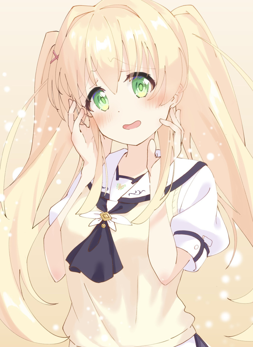 1girl ascot black_ascot blonde_hair blush commentary emu_shido green_eyes hair_between_eyes hair_intakes hair_ornament hands_up highres long_hair looking_at_viewer open_mouth puffy_short_sleeves puffy_sleeves sailor_collar school_uniform short_sleeves shy sidelocks simple_background smile solo summer_pockets sweater_vest tareme tsumugi_wenders twintails upper_body white_sailor_collar x_hair_ornament yellow_background yellow_sweater_vest yellow_theme