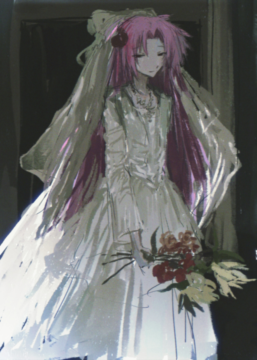 1boy bouquet bridal_veil bride closed_mouth commentary dress film_grain hatsutori_hajime highres holding holding_bouquet jewelry long_hair long_sleeves male_focus necklace otoko_no_ko parted_bangs pink_hair red_eyes richangid saibou_shinkyoku smile solo symbol-only_commentary veil wedding_dress white_dress white_veil
