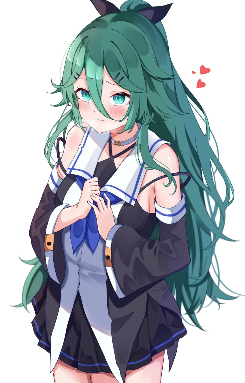 1girl absurdres bare_shoulders black_serafuku black_skirt blue_eyes blue_neckerchief blush calin closed_mouth commentary_request cowboy_shot detached_sleeves green_hair hair_between_eyes hair_ornament hairclip heart highres kantai_collection long_bangs long_hair looking_afar looking_ahead neckerchief school_uniform serafuku simple_background skirt smile solo textless_version white_background yamakaze_(kancolle)