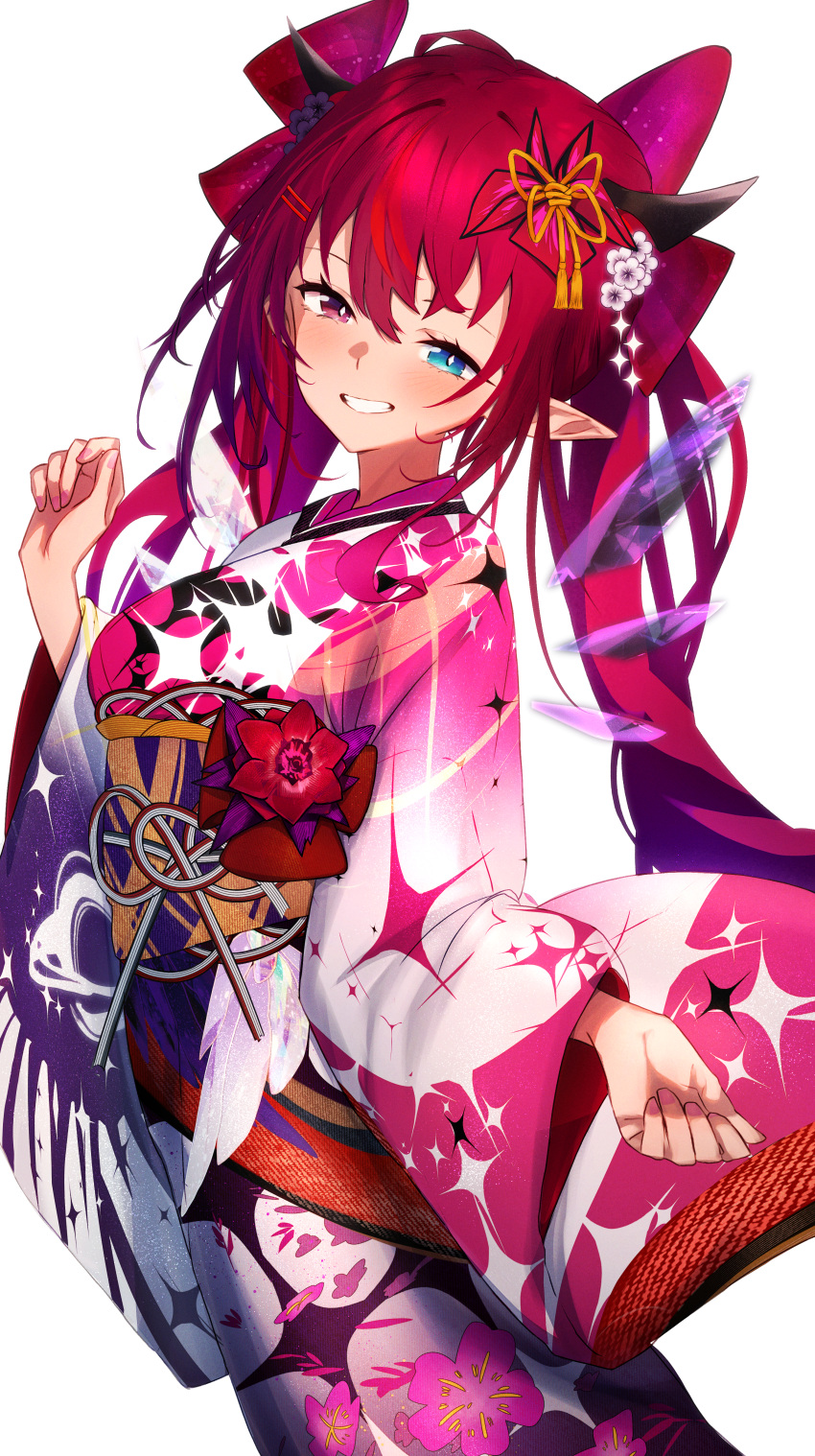 1girl absurdres asymmetrical_wings blue_eyes blush breasts commentary crystal_wings flower getto hair_flower hair_ornament halo heterochromia highres hololive hololive_english horns irys_(hololive) irys_(new_year)_(hololive) japanese_clothes kimono long_hair looking_at_viewer multicolored_clothes multicolored_hair multicolored_kimono official_alternate_costume pointy_ears purple_hair redhead simple_background smile solo streaked_hair very_long_hair violet_eyes virtual_youtuber white_background wings
