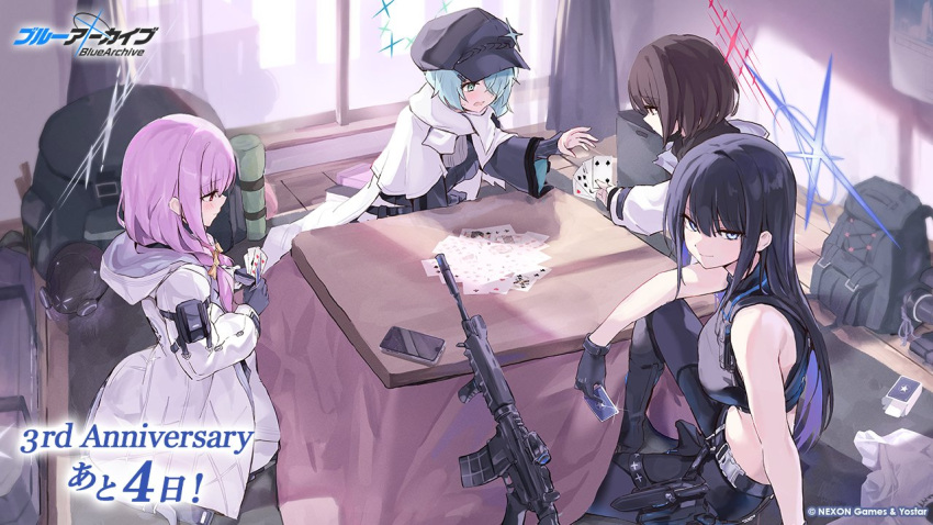 4girls arius_squad_(blue_archive) assault_rifle atsuko_(blue_archive) backpack bag blue_archive card gun halo hat hiyori_(blue_archive) holding holding_card kotatsu misaki_(blue_archive) multiple_girls no_headwear official_art playing_card rifle saori_(blue_archive) sig_516 table weapon