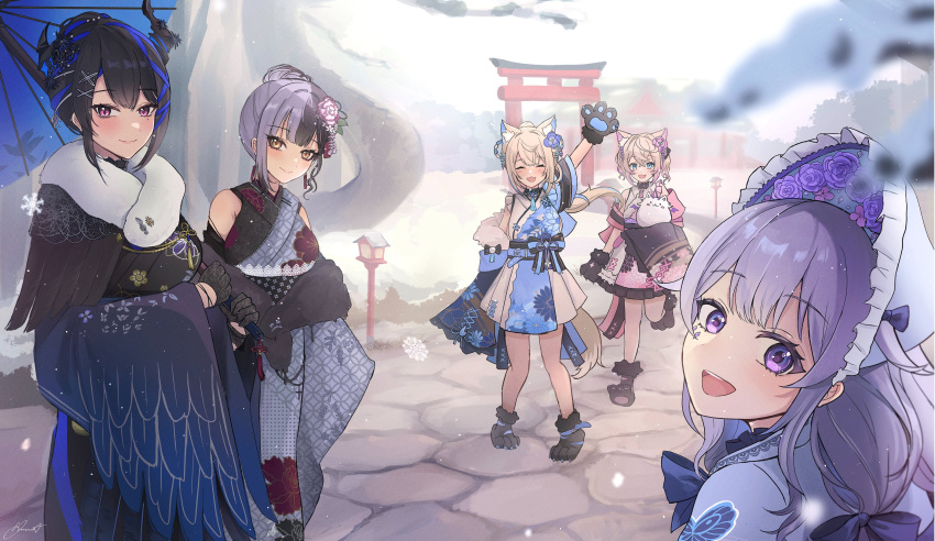 5girls absurdres animal_ears animal_hands asymmetrical_horns black_hair black_kimono blue_hair colored_inner_animal_ears colored_inner_hair demon_horns dog_ears dog_girl dog_paws dog_tail flower fuwawa_abyssgard fuwawa_abyssgard_(new_year) hair_flower hair_ornament highres holoadvent hololive hololive_english horns japanese_clothes kato_yuurina kimono koseki_bijou koseki_bijou_(new_year) looking_at_viewer mococo_abyssgard mococo_abyssgard_(new_year) mole mole_under_eye multicolored_hair multiple_girls nerissa_ravencroft nerissa_ravencroft_(new_year) official_alternate_costume official_alternate_hairstyle red_eyes shiori_novella shiori_novella_(new_year) siblings sisters split-color_hair streaked_hair tail twins uneven_horns virtual_youtuber