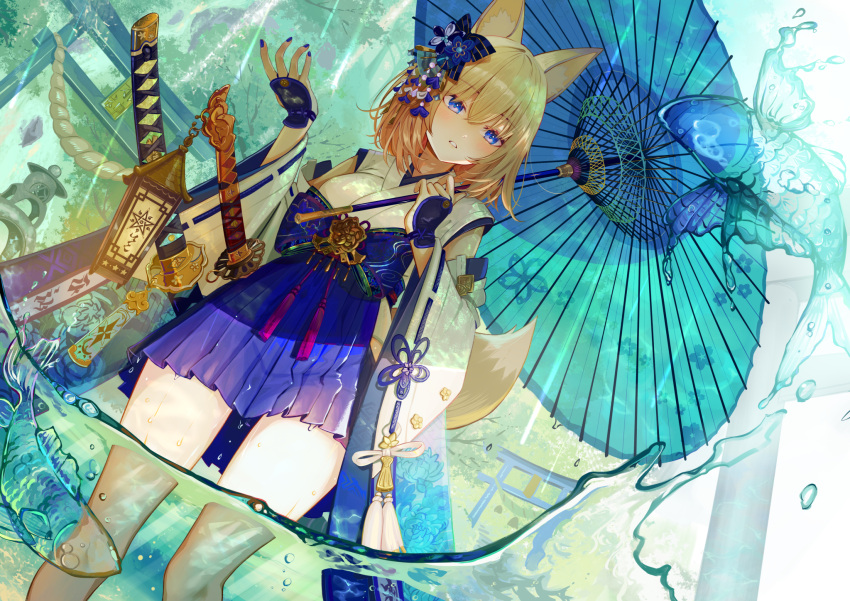 1girl animal_ear_fluff animal_ears aqua_theme aqua_umbrella blonde_hair blue_bow blue_eyes blue_nails blue_skirt blush bow commentary_request dutch_angle feet_out_of_frame fox_ears fox_girl fox_tail hair_bow hair_ornament highres holding holding_umbrella ito_lab japanese_clothes kimono kimono_skirt kitsune looking_at_viewer medium_hair nail_polish oil-paper_umbrella original outdoors parted_lips pleated_skirt rope skirt solo sword tachi_(weapon) tail tassel thighs torii transparent_fish umbrella umbrella_over_shoulder wading water water_drop weapon wide_sleeves