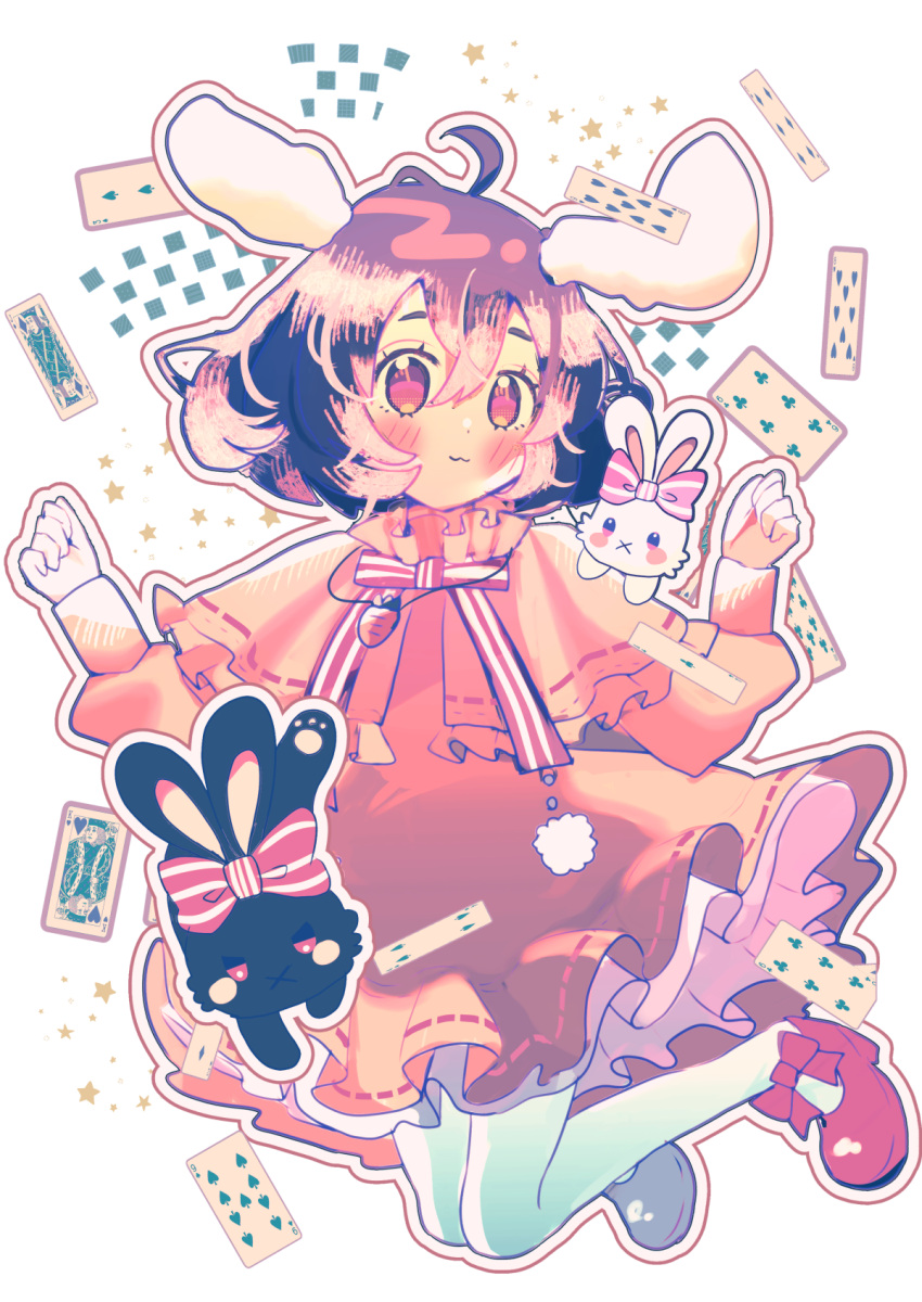 1girl :3 ahoge animal_ears asymmetrical_footwear black_footwear black_hair blush bow bowtie brown_hair capelet card carrot_necklace closed_mouth commentary_request culotte_(hosenrock) dress eight_of_hearts floppy_ears footwear_bow four_of_spades frilled_capelet frills full_body hair_between_eyes highres inaba_tewi jewelry jumping king_(playing_card) king_of_diamonds king_of_hearts_(playing_card) looking_at_viewer medium_bangs mismatched_footwear necklace nine_of_hearts nine_of_spades outline pantyhose pink_capelet pink_dress pink_eyes playing_card rabbit rabbit_ears rabbit_girl red_bow red_bowtie red_footwear ribbon-trimmed_dress short_hair six_of_clubs six_of_diamonds smile solo striped_bow striped_bowtie striped_clothes ten_of_clubs touhou two_of_spades white_background white_pantyhose