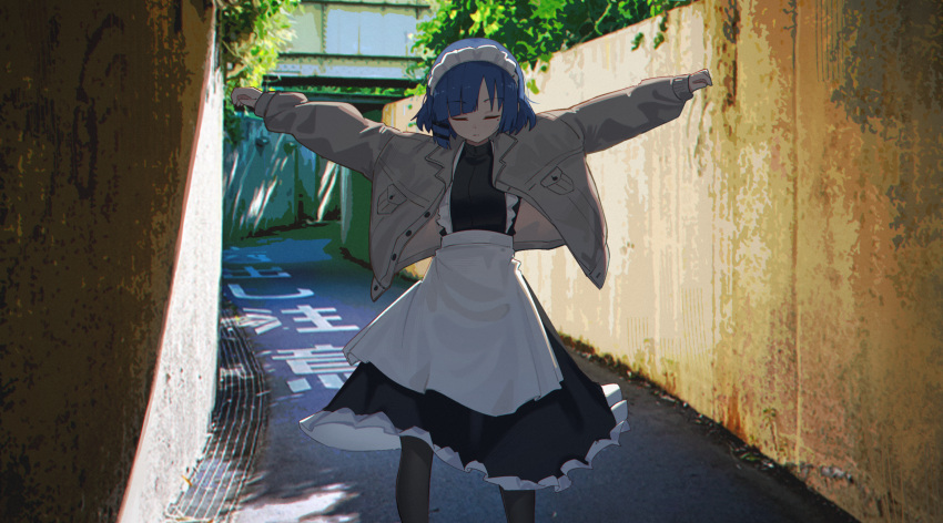 1girl alternate_costume black_thighhighs blue_hair bocchi_the_rock! brown_coat closed_eyes closed_mouth coat commentary day english_commentary enmaided hair_ornament hairclip highres jl_tan long_sleeves maid maid_headdress outdoors pantyhose short_hair solo thigh-highs yamada_ryo
