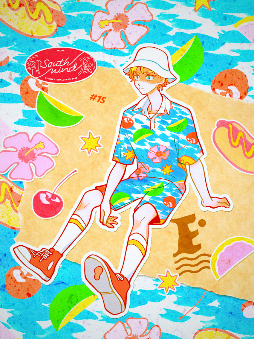 1boy :&lt; blonde_hair blue_shirt blue_shorts cherry closed_mouth collared_shirt colorful commentary english_commentary expressionless flower flower_(symbol) food freckles fruit full_body green_eyes hat highres hot_dog inuha_dog_wave kneehighs looking_ahead male_focus original outline pink_flower print_shirt print_shorts red_footwear shirt shoe_soles shoes short_hair short_sleeves shorts sitting sneakers socks solo white_headwear white_outline white_socks