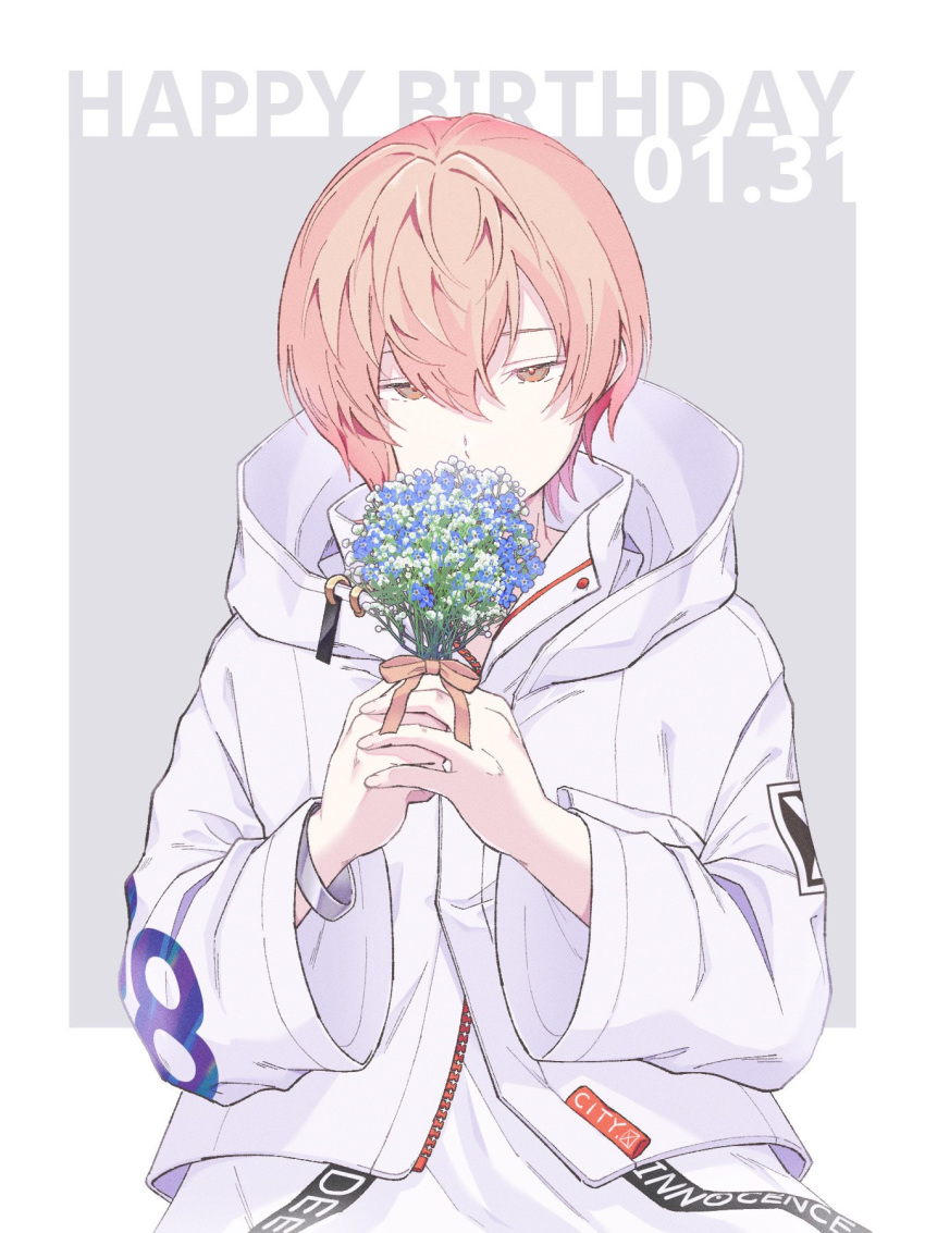 1boy blue_flower border bouquet covered_mouth dated flower grey_background happy_birthday highres holding holding_bouquet holding_flower hood hood_down jacket long_sleeves looking_at_viewer male_focus miyama_kei multicolored_background paradox_live pink_eyes pink_hair short_hair solo tyocolaci white_border white_flower white_jacket