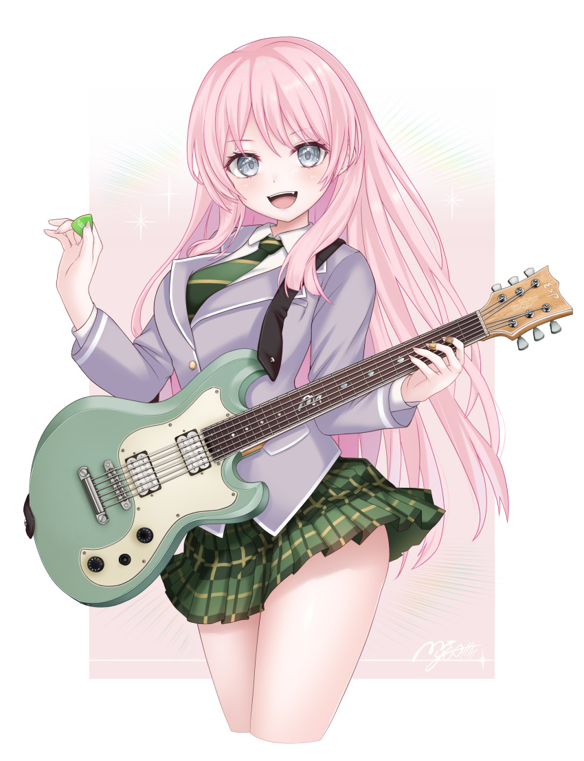 1girl :d absurdres bandaid bandaid_on_hand bang_dream! bang_dream!_it's_mygo!!!!! blazer blush border breast_pocket breasts buttons chicami chihaya_anon collared_shirt commentary copyright_name cowboy_shot diagonal-striped_clothes diagonal-striped_necktie electric_guitar fang gradient_background green_necktie green_skirt grey_eyes grey_jacket guitar hair_between_eyes hands_up haneoka_school_uniform highres holding holding_guitar holding_instrument holding_plectrum instrument jacket large_breasts long_hair long_sleeves looking_at_viewer miniskirt necktie open_mouth outside_border pink_background pink_hair plaid plaid_skirt pleated_skirt plectrum pocket school_uniform shirt sidelocks skirt smile solo sparkle standing striped_clothes symbol-only_commentary teeth upper_teeth_only very_long_hair white_border white_shirt