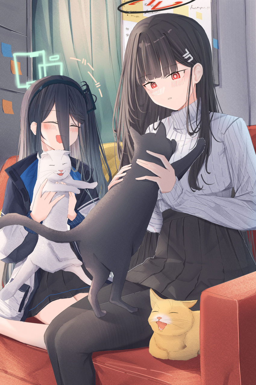 2girls absurdly_long_hair absurdres animal aris_(blue_archive) black_hair black_hairband black_pantyhose black_skirt blue_archive blue_halo blush bright_pupils cat closed_eyes couch hair_ornament hairband hairpin halo highres indoors jacket leonardo_566 long_hair long_sleeves multiple_girls one_side_up open_clothes open_jacket open_mouth pantyhose pleated_skirt red_eyes ribbed_sweater rio_(blue_archive) sitting skirt smile sweater turtleneck turtleneck_sweater very_long_hair white_jacket white_pupils white_sweater