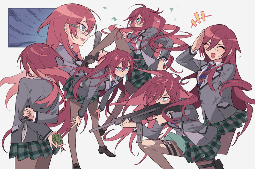 1girl :d assault_rifle blue_eyes brown_pantyhose closed_eyes collared_shirt combat_knife cropped_legs cropped_torso dynamic_pose ensemble_stars! explosive facing_away facing_viewer from_behind genderswap genderswap_(mtf) glasses green_skirt grenade grenade_pin grey_jacket gun hair_between_eyes hand_up hands_on_own_legs holding holding_grenade holding_gun holding_knife holding_weapon jacket knife leaning_forward leg_up long_hair long_sleeves looking_at_viewer meremero multiple_views open_mouth pantyhose plaid plaid_skirt pleated_skirt profile redhead rifle saegusa_ibara salute school_uniform shirt shuetsu_school_uniform skirt smile thigh_pouch thigh_strap torn_clothes torn_pantyhose very_long_hair weapon wind