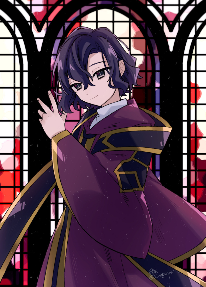 1boy blue_eyes blue_hair bright_pupils closed_mouth commentary_request dark_blue_hair gold_trim grey_pupils hair_between_eyes highres hood hood_down hooded_robe light_particles long_sleeves lu_yi_(rokuichi61) male_focus purple_robe robe saibou_shinkyoku shirt short_hair smile solo stained_glass stole utsugi_noriyuki white_shirt wide_sleeves