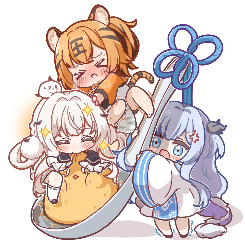 &gt;_&lt; 3girls alternate_costume anger_vein animal_ears animal_on_head azur_lane bird blue_eyes blue_hair blush chibi chinese_clothes closed_eyes closed_mouth crying dragon_tail eating fei_yuen_(azur_lane) grey_hair highres hu_pen_(azur_lane) lung_wu_(azur_lane) manjuu_(azur_lane) multiple_girls nijiiro_diary on_head simple_background spoon tail tiger_ears tiger_tail white_background
