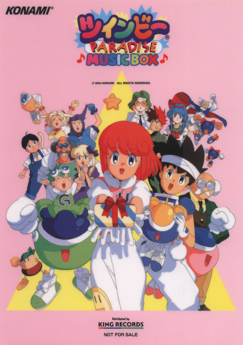 1990s_(style) 6+boys 6+girls ace_(twinbee) arms_up balding bandaid bandaid_on_face black_hair blonde_hair blue_eyes blue_hair box buck_teeth cape child company_name copyright_notice dress facial_hair gift gift_box gloves goggles goggles_on_head green_hair grey_hair hair_flaps headband highres holding holding_gift incoming_gift konami looking_at_viewer madoka_(twinbee) medium_hair monocle multiple_boys multiple_girls mustache non-web_source not_for_sale official_art old old_man outstretched_arms pastel_(twinbee) pink_background purple_hair redhead retro_artstyle round_eyewear scan school_uniform semi-rimless_eyewear short_sleeves simple_background sunglasses suspenders teeth twinbee twintails white_gloves white_hair
