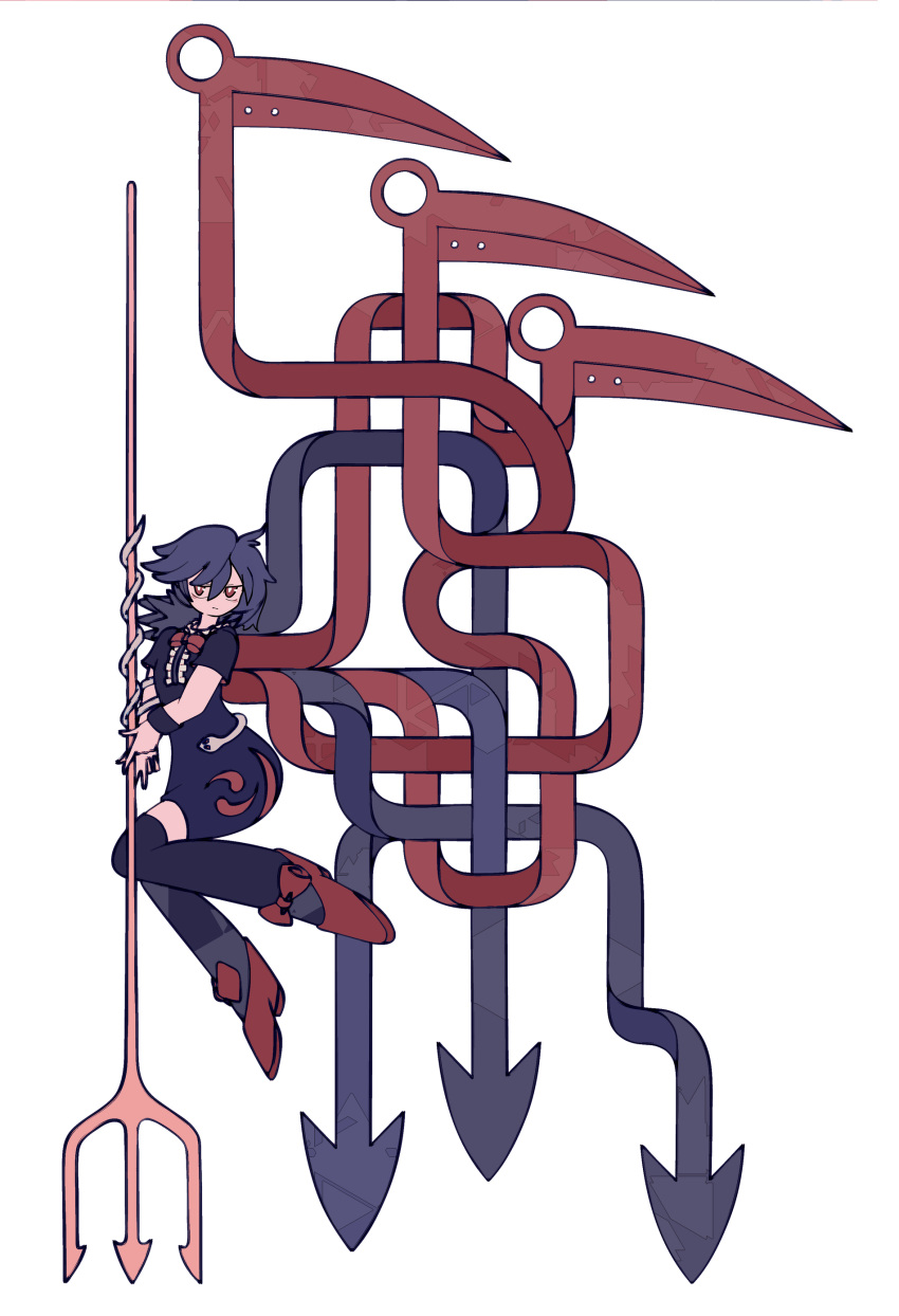 1girl absurdres black_dress black_thighhighs blue_hair bow bowtie celtic_knot closed_mouth dark_blue_hair dress frills from_side full_body harano_kaguyama highres holding_trident houjuu_nue looking_at_viewer medium_hair polearm red_bow red_bowtie red_eyes red_footwear shoes short_dress short_sleeves simple_background snake solo thigh-highs touhou trident weapon white_background wrist_cuffs
