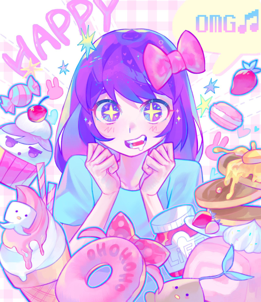 +_+ 1girl aubrey_(omori) blue_shirt bow cake cake_slice candy clenched_hands cupcake doughnut drooling food fruit hair_bow hashtag_only_commentary highres ice_cream_cone iro_(mywife_sunny) jar light_blush long_hair macaron omori open_mouth pale_skin pancake pancake_stack pink_background pink_bow plaid plaid_background purple_hair shirt solo sparkle sprout_mole strawberry violet_eyes
