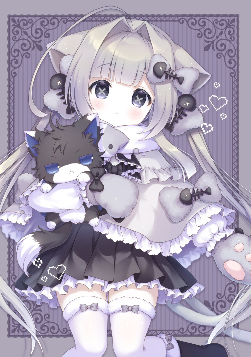 1girl absurdres animal_ears black_dress black_hair blush bow capelet commission copyright_request dress fish_bone frilled_capelet frills grey_capelet grey_eyes grey_hair hair_bow hair_intakes heart highres kemamire long_hair long_sleeves scarf skeb_commission solo symbol-shaped_pupils thigh-highs twintails very_long_hair virtual_youtuber white_scarf white_thighhighs x-shaped_pupils