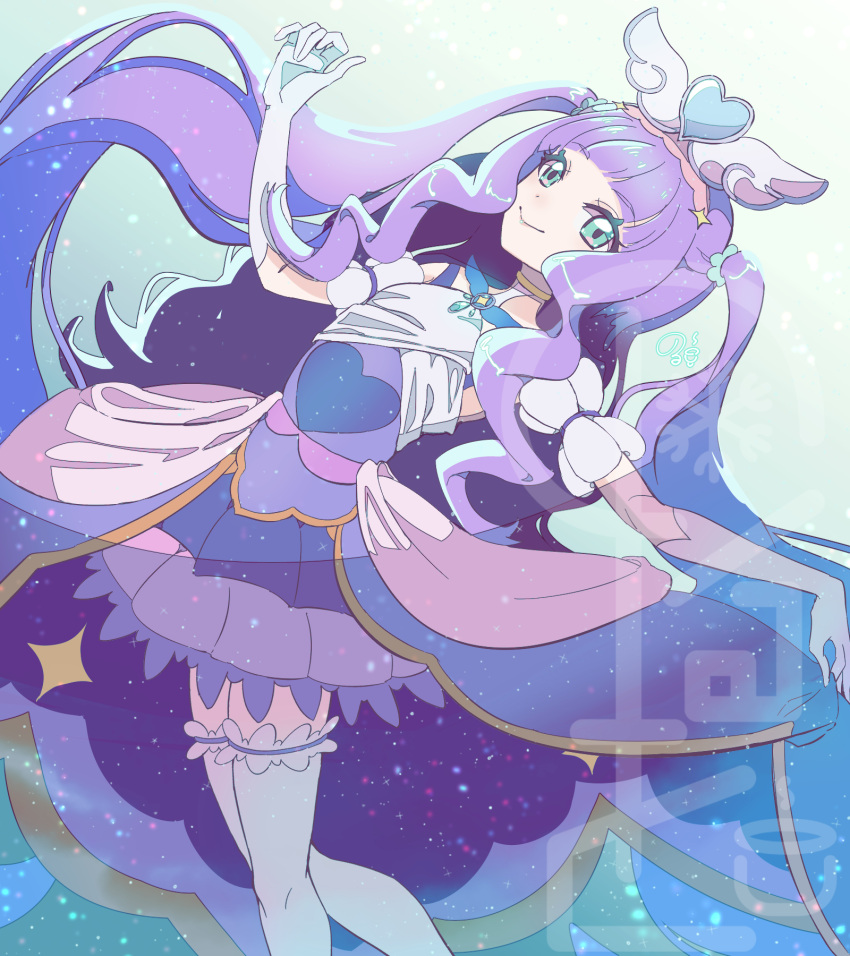 1girl aqua_eyes brooch clothing_cutout commentary cure_majesty dress ellee-chan gloves hair_tie half-dress heart highres hirogaru_sky!_precure jewelry leaning_back long_hair looking_at_viewer magical_girl medium_dress miniskirt norwo724 precure purple_dress purple_hair purple_skirt short_sleeves shoulder_cutout sidelocks skirt skirt_hold solo standing thigh-highs two_side_up very_long_hair white_gloves white_thighhighs wing_brooch wing_hair_ornament