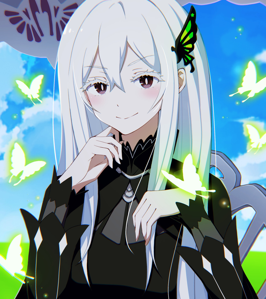 1girl black_capelet black_dress blue_sky blush bug butterfly butterfly_hair_ornament capelet chair closed_mouth clouds colored_eyelashes commentary_request dress echidna_(re:zero) glowing_butterfly grass green_butterfly hair_between_eyes hair_ornament hand_on_own_chin highres long_hair long_sleeves looking_at_viewer outdoors prmsub re:zero_kara_hajimeru_isekai_seikatsu sitting sky smile solo umbrella violet_eyes white_hair