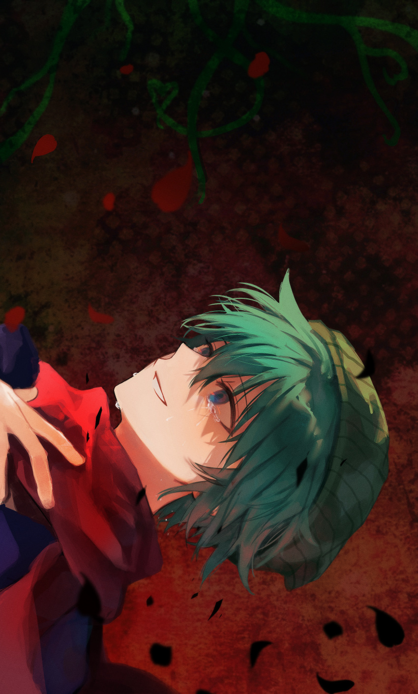 1boy absurdres beanie blue_eyes chouxdb crying crying_with_eyes_open green_hair grin hand_on_own_chest hat highres hiyori_sou kimi_ga_shine looking_ahead male_focus red_background scarf short_hair sideways smile solo tears upper_body