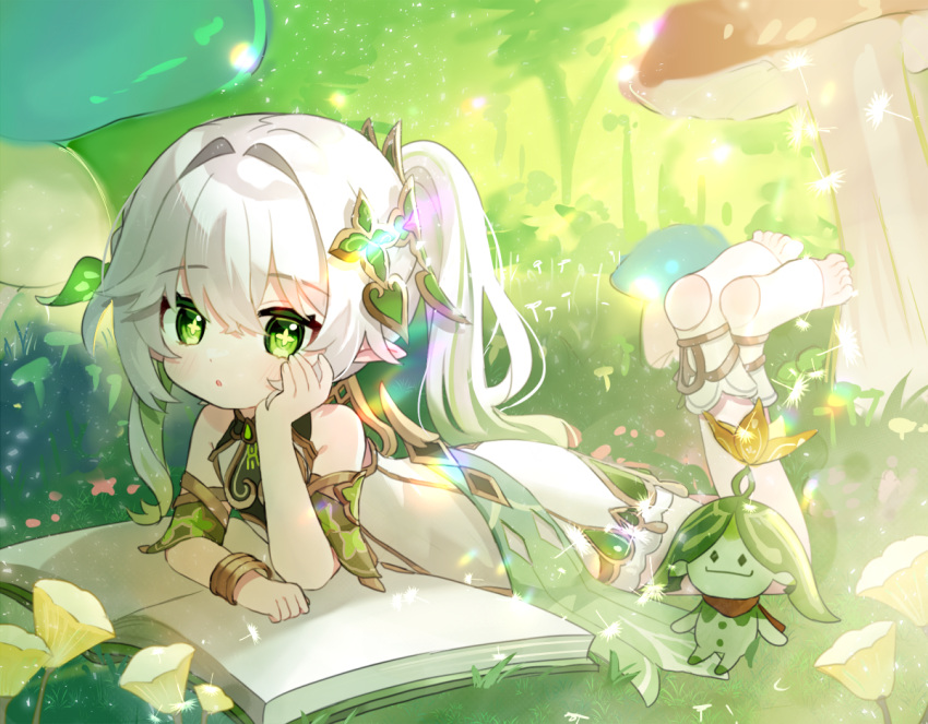 1girl asymmetrical_hair bare_shoulders child commentary detached_sleeves dress feet_up genshin_impact green_eyes green_hair green_sleeves hair_between_eyes hair_intakes hair_ornament leaf_hair_ornament looking_at_viewer lying miyako_draw multicolored_hair nahida_(genshin_impact) on_stomach parted_lips pointy_ears short_sleeves side_ponytail soles solo stirrup_footwear streaked_hair the_pose toes two-tone_hair white_dress white_footwear white_hair