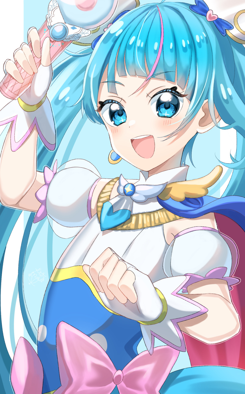 1girl :d blue_cape blue_dress blue_eyes blue_hair bow brooch cape commentary cure_sky cut_bangs detached_sleeves dress dress_bow earrings fingerless_gloves gloves highres hirogaru_sky!_precure holding jewelry long_hair looking_at_viewer magical_girl multicolored_hair open_mouth pink_hair precure puffy_detached_sleeves puffy_sleeves red_cape single_earring single_sidelock sky_mirage sleeveless sleeveless_dress smile solo sora_harewataru streaked_hair twintails two-tone_cape two-tone_dress white_dress white_gloves wing_brooch wing_hair_ornament yunagi_(yng_hoti)