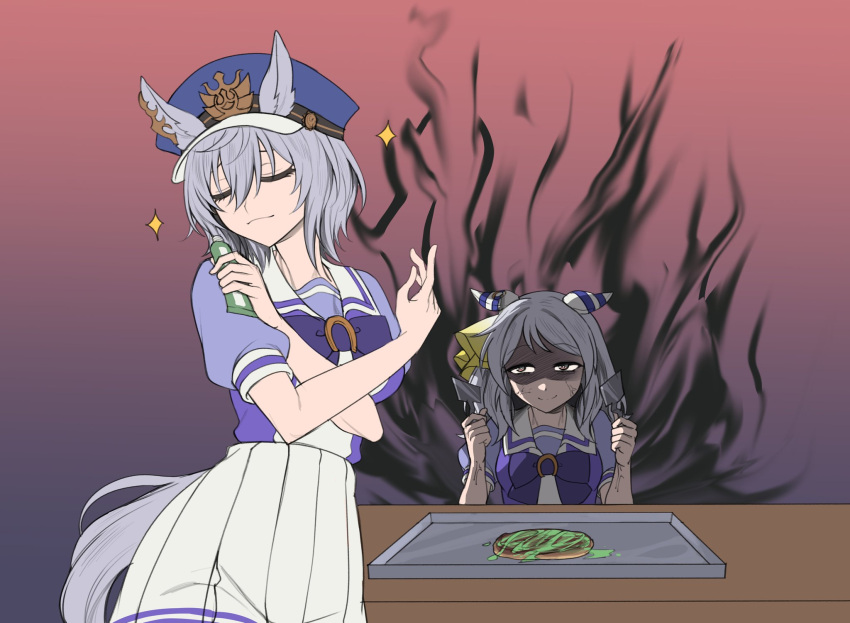 2girls angry animal_ears aura bow bowtie bright_pupils commentary crest crossed_arms dark_aura ear_covers ear_ornament ears_down false_smile food fukuro_(maruaru00) furious genderswap genderswap_(mtf) gradient_eyes grey_eyes grey_hair hair_between_eyes hat highres hishi_miracle_(umamusume) holding holding_spatula horse_ears horse_girl horse_tail horseshoe_ornament hot_plate kurofune_(racehorse) medium_hair military_hat multicolored_eyes multiple_girls okonomiyaki original peaked_cap personification pink_eyes pleated_skirt puffy_short_sleeves puffy_sleeves purple_bow purple_bowtie purple_shirt sailor_collar sailor_shirt school_uniform shaded_face shirt short_hair short_sleeves sideways_glance skirt smile spatula summer_uniform tail tracen_school_uniform two-tone_eyes umamusume veins wasabi white_sailor_collar white_skirt