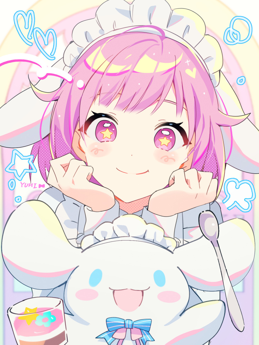 1girl animal_ears blue_eyes blush blush_stickers cinnamoroll closed_mouth commentary cup dog_ears head_rest heart highres holding holding_cup holding_spoon looking_at_viewer maid_headdress ootori_emu open_mouth pink_eyes pink_hair project_sekai sanrio short_hair signature smile solo spoon star-shaped_pupils star_(symbol) symbol-shaped_pupils window yuhi_(hssh_6)