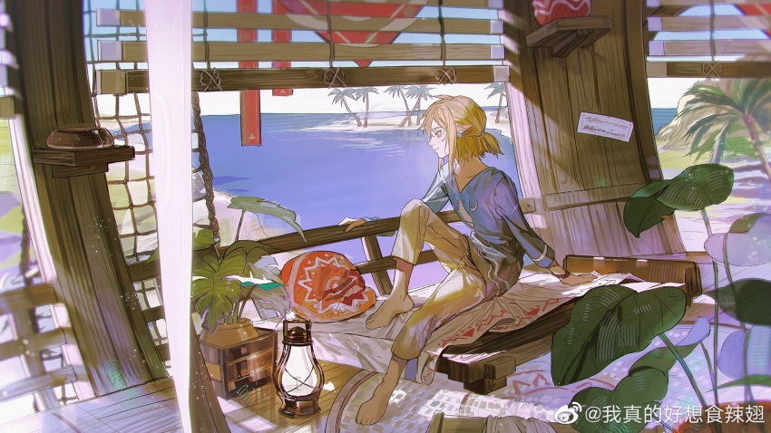1boy akihare barefoot bed blanket blonde_hair blue_eyes blue_shirt carpet closed_mouth hand_on_railing highres horizon island knee_up lantern light_particles link long_sleeves male_focus medium_hair ocean palm_tree pants pillow plant potted_plant profile railing shirt sidelocks sitting solo the_legend_of_zelda the_legend_of_zelda:_breath_of_the_wild tree weibo_logo weibo_username window_blinds yellow_pants