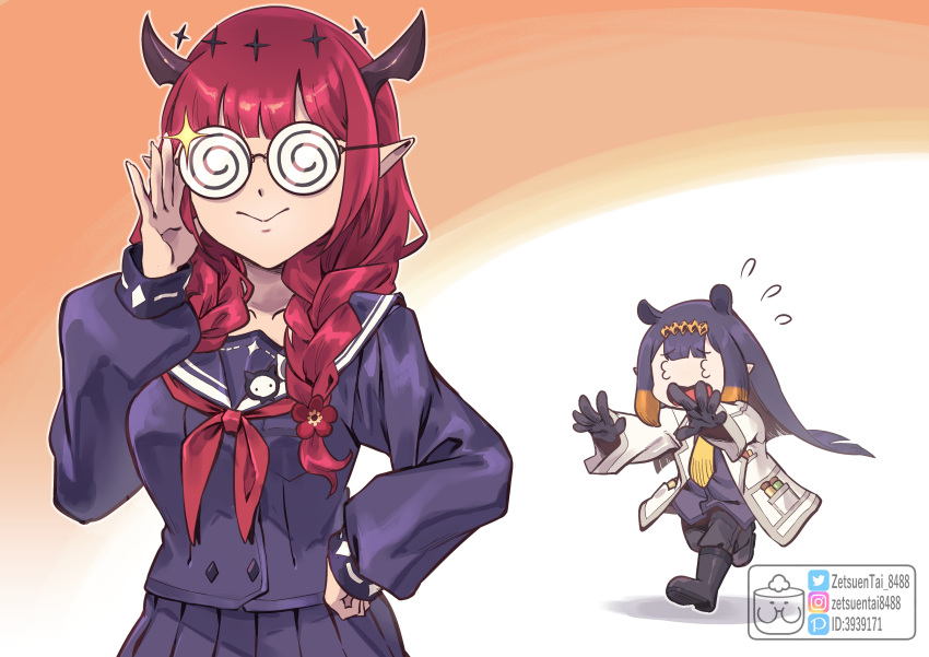 2girls 3_3 :&gt; absurdres black_gloves boots braid coke-bottle_glasses flower glasses gloves hair_flower hair_ornament halo highres hololive hololive_english horns irys_(gamer)_(hololive) irys_(hololive) lab_coat long_hair multiple_girls necktie ninomae_ina'nis pleated_skirt pointy_ears purple_hair red_sailor_collar redhead sailor_collar school_uniform skirt twin_braids virtual_youtuber yellow_necktie zetsuental