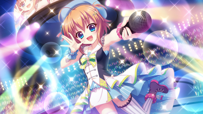 1girl :d \||/ ahoge audience beret blue_dress blue_eyes blue_headwear blue_wrist_cuffs boots bow breasts collarbone colored_lights dot_nose dress dutch_angle film_grain game_cg glowstick green_bow hair_ornament hairclip hand_up hat holding holding_microphone idol idol_clothes indoors izumi_tsubasu lens_flare looking_at_viewer microphone non-web_source official_art open_mouth orange_hair pink_scrunchie pom_pom_(clothes) purple_footwear re:stage! sailor_collar screen scrunchie shikimiya_mana short_dress short_hair sidelocks skirt small_breasts smile solo sparkle stage stage_lights standing standing_on_one_leg star_(symbol) striped_clothes striped_thighhighs thigh-highs two-sided_fabric two-sided_skirt vertical-striped_clothes vertical-striped_thighhighs white_skirt wrist_cuffs wrist_scrunchie zettai_ryouiki