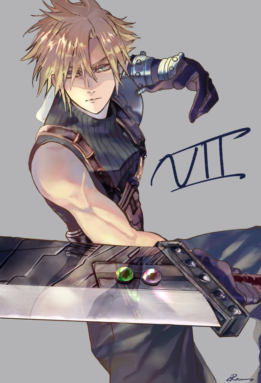 1boy armor baggy_pants black_gloves blonde_hair blue_eyes buster_sword closed_mouth cloud_strife commentary_request crow_illust feet_out_of_frame fighting_stance final_fantasy final_fantasy_vii final_fantasy_vii_remake gloves grey_background hair_between_eyes highres holding holding_sword holding_weapon male_focus materia pants ribbed_sweater short_hair shoulder_armor signature simple_background single_bare_shoulder sleeveless sleeveless_turtleneck solo spiky_hair suspenders sweater sword turtleneck turtleneck_sweater weapon