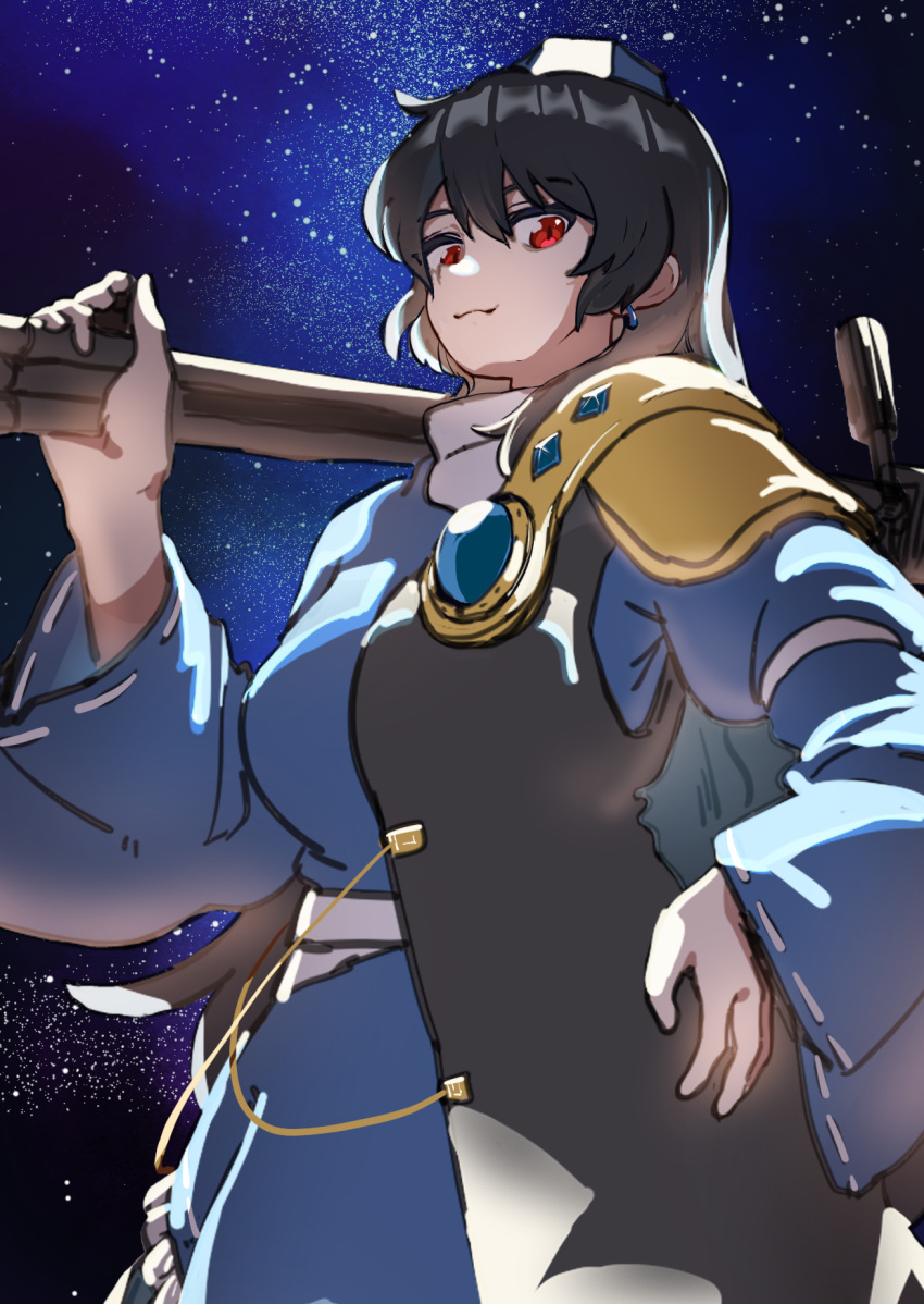 1girl black_hair blue_dress blue_gemstone breasts closed_mouth commentary_request cowboy_shot dress earrings gem hat highres holding_tripod iizunamaru_megumu jewelry large_breasts leftame long_hair long_sleeves looking_at_viewer medium_bangs red_eyes ribbon-trimmed_sleeves ribbon_trim shoulder_guard sky smile solo star_(sky) starry_sky tokin_hat touhou tripod turtleneck