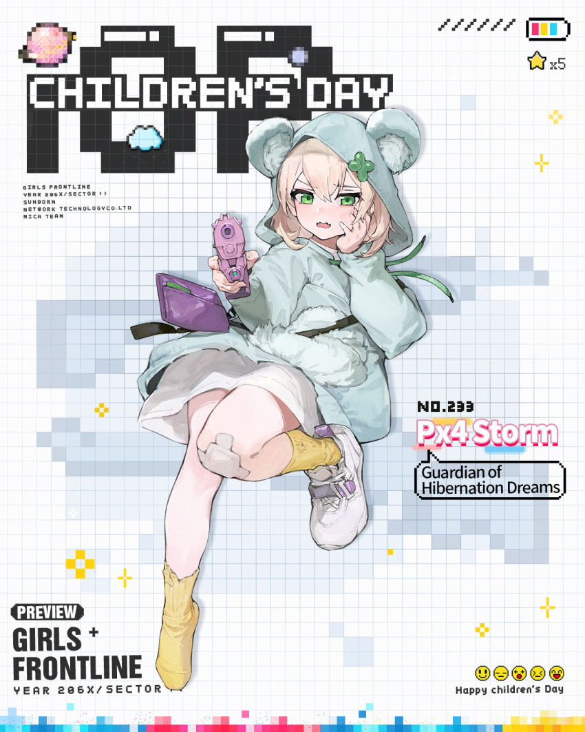 1girl aged_down aiming aiming_at_viewer animal_ear_hood animal_ears bandaid bandaid_on_knee bandaid_on_leg battery_indicator bear_ears beretta_px4 blonde_hair blue_hoodie blush character_name children's_day clover company_name copyright_name drawstring fake_animal_ears fangs four-leaf_clover full_body girls_frontline green_eyes grid_background gun hair_between_eyes hand_on_own_face handgun highres holding holding_gun holding_weapon hood hoodie long_sleeves looking_at_viewer medium_hair official_alternate_costume official_art open_mouth planet purple_bag px4_storm_(girls'_frontline) px4_storm_(guardian_of_hibernation_dreams)_(girls'_frontline) rainli second-party_source shirt shoes single_shoe sneakers socks solo star_(symbol) tears trigger_discipline weapon white_footwear white_shirt yellow_socks