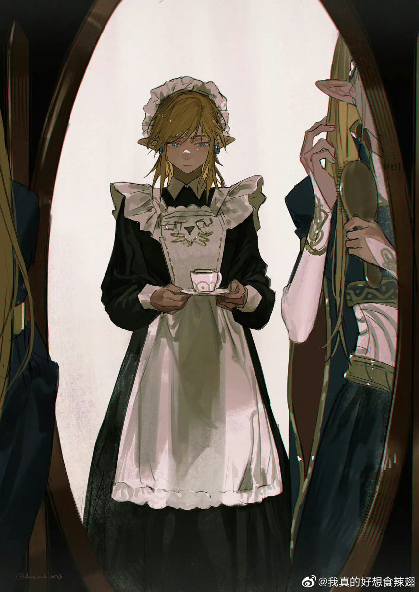1boy 1girl akihare alternate_costume apron blonde_hair blue_dress blue_eyes brushing_hair closed_mouth crossdressing cup dress earrings emblem enmaided gold_trim hair_brush hand_up highres holding holding_hair_brush holding_plate jewelry link long_hair looking_at_mirror maid maid_apron maid_headdress medium_hair mirror plate pointy_ears princess_zelda single_earring standing teacup the_legend_of_zelda weibo_logo weibo_username white_background