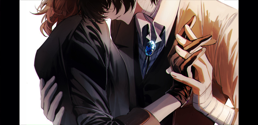 2boys absurdres bandaged_hand bandaged_neck bandages baocaizi black_gloves brooch brown_coat brown_hair bungou_stray_dogs coat collared_shirt dazai_osamu_(bungou_stray_dogs) gloves highres holding_hands jewelry multiple_boys nakahara_chuuya parted_lips shirt suit upper_body white_background