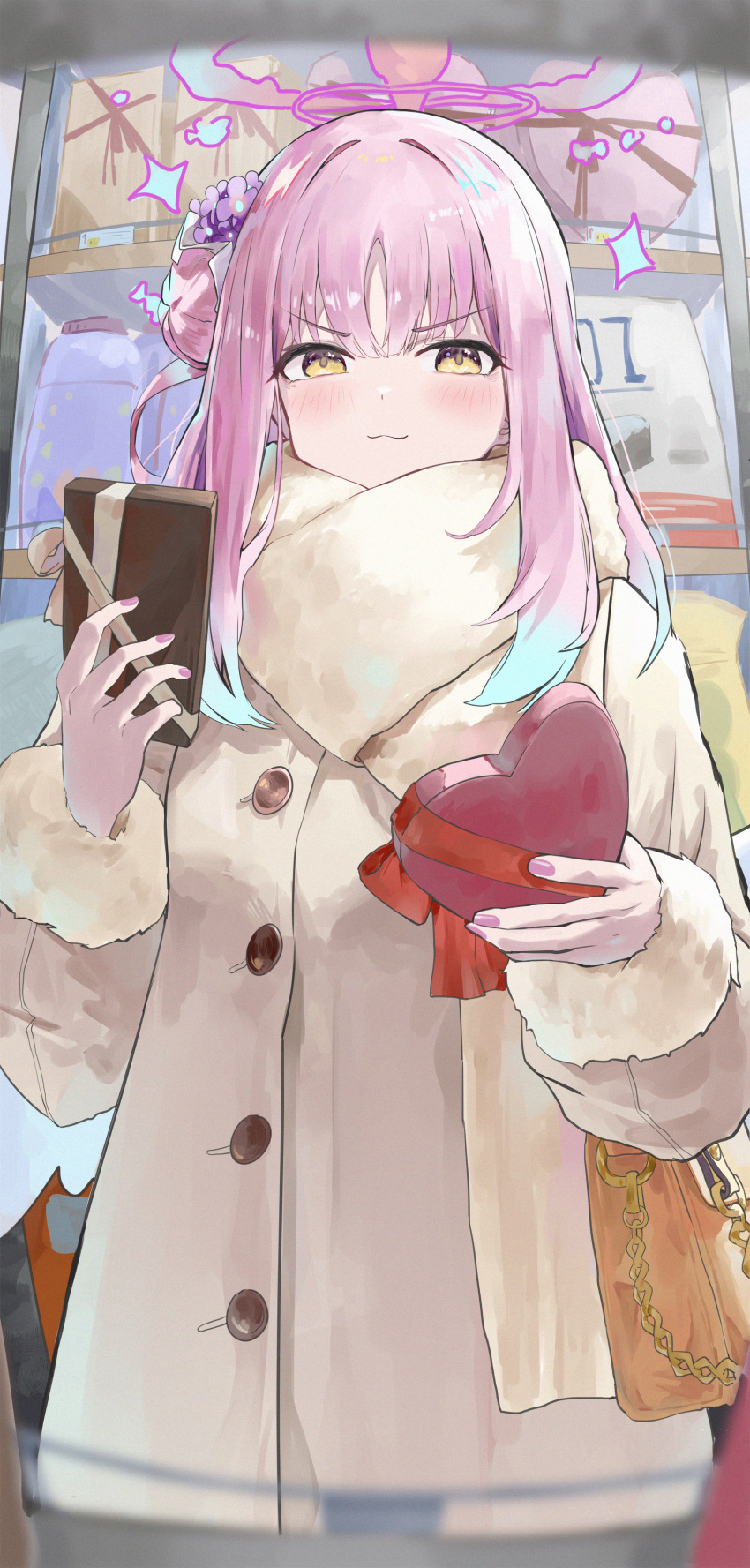 1girl :3 absurdres alternate_costume blue_archive blush box casual coat fingernails fur-trimmed_coat fur_scarf fur_trim gift gift_box hair_bun halo highres holding holding_box jsscj looking_at_viewer mika_(blue_archive) nail_polish pink_hair scarf single_side_bun solo v-shaped_eyebrows white_scarf yellow_eyes