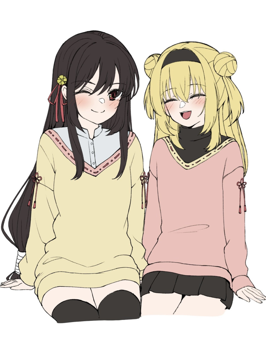2girls :d ;) alternate_costume arms_at_sides black_hair black_hairband black_skirt black_thighhighs blonde_hair blush casual chitose_sana closed_mouth commentary_request cowboy_shot crossed_bangs double_bun facing_away hair_between_eyes hair_bun hairband happy highres long_hair looking_at_another low-tied_long_hair miniskirt multiple_girls one_eye_closed open_mouth pink_sweater pleated_skirt red_eyes side-by-side sidelocks simple_background sitting skirt sleeves_past_wrists smile straight_hair sweater tenshinranman tft_(tft7822) thigh-highs two_side_up unohana_no_sakuyahime very_long_hair white_background yellow_sweater zettai_ryouiki