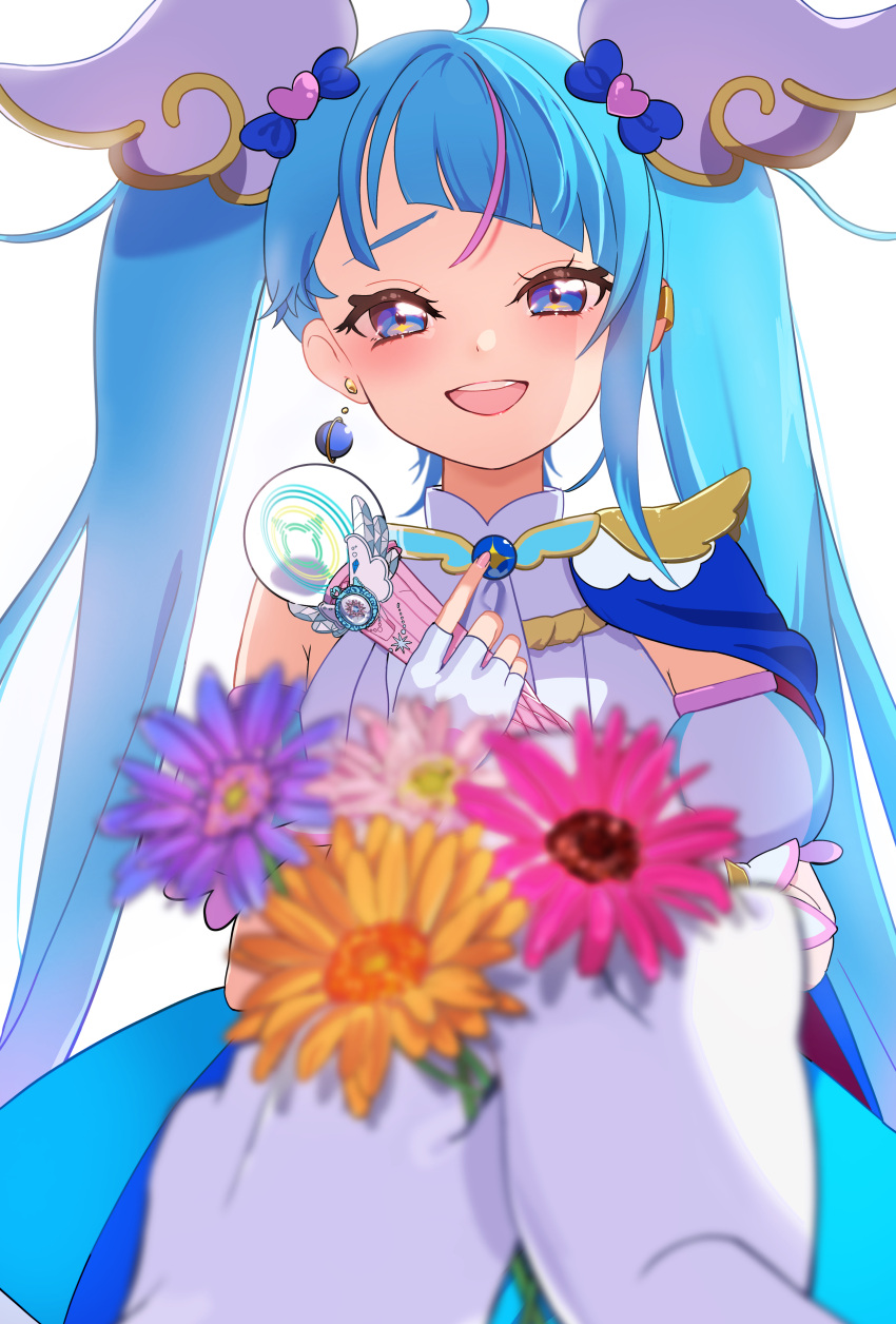 1girl absurdres blue_cape blue_dress blue_eyes blue_hair blurry blurry_foreground brooch cape commentary cure_sky cut_bangs depth_of_field detached_sleeves dress earclip earrings fingerless_gloves flower gloves half-closed_eyes highres hirogaru_sky!_precure holding holding_flower jewelry long_hair looking_at_viewer magical_girl open_mouth pink_hair pov precure puffy_detached_sleeves puffy_sleeves simple_background single_earring single_sidelock sky_mirage sleeveless sleeveless_dress smile solo sora_harewataru standing twintails two-tone_dress very_long_hair white_background white_dress white_gloves wing_brooch wing_hair_ornament zooz08